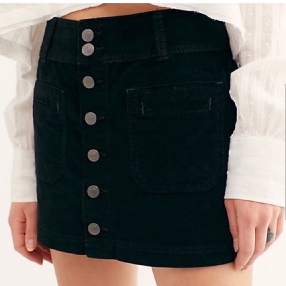 We The Free Black Denim Skirt with Silver Buttons